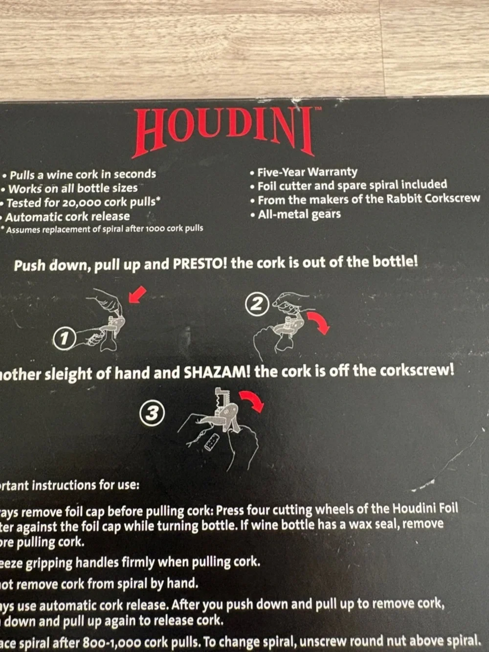 Houdini Lever Corkscrew Silver Cutter Wine Opener